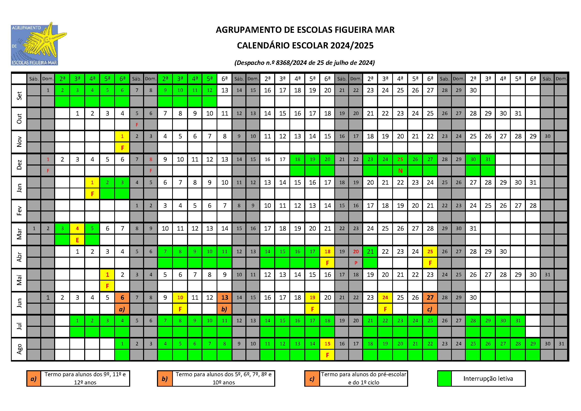 Calendário escolar 2024-2025